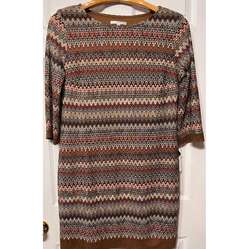 Studio One New York Rust Multi Zigzag Chevron Knit Sheath‎ Dress Size 14 NEW